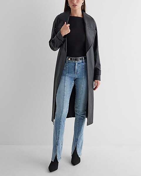 Mid Rise Black Coated Front Vent Skyscraper Jeans