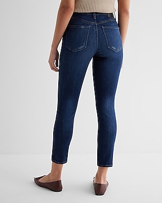 High Waisted Dark Wash Ripped Cropped Skinny Jeans