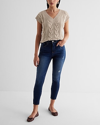 High Waisted Dark Wash Ripped Cropped Skinny Jeans
