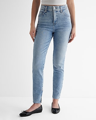 High Waisted Light Wash Zip Raw Hem '90s Skinny Jeans