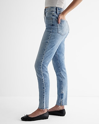 High Waisted Light Wash Zip Raw Hem '90s Skinny Jeans