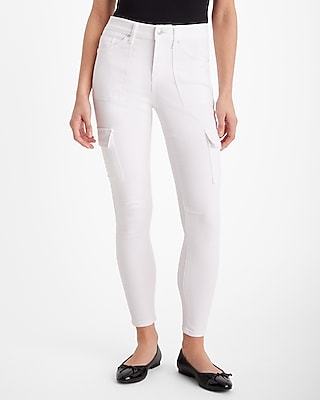 Mid Rise White Skinny Cargo Jeans