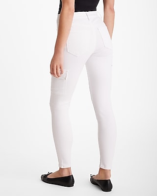 Mid Rise White Skinny Cargo Jeans