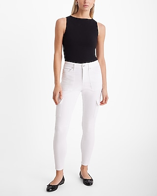 Mid Rise White Skinny Cargo Jeans