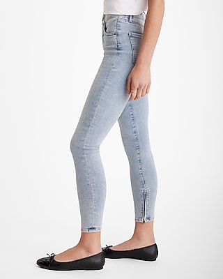 Mid Rise Light Wash Zip Hem Skinny Jeans