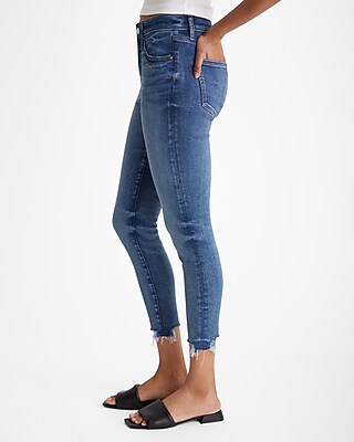 Mid Rise Medium Wash Raw Hem Cropped Skinny Jeans - image 2