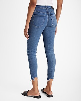 Mid Rise Medium Wash Raw Hem Cropped Skinny Jeans - image 4