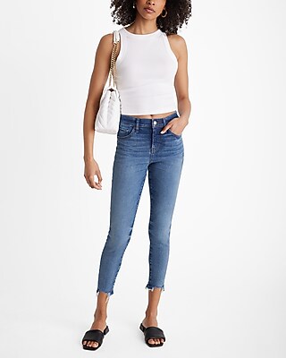 Mid Rise Medium Wash Raw Hem Cropped Skinny Jeans - image 5