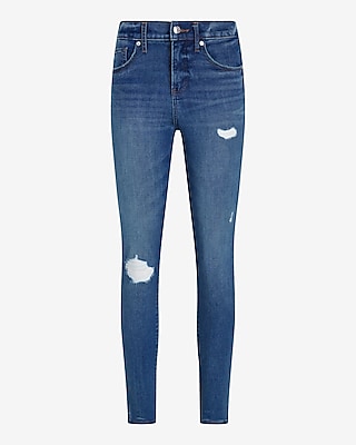 Mid Rise Medium Wash Ripped Skinny Jeans