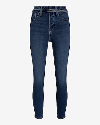 High Waisted Dark Wash Belted Cropped Skinny Jeans