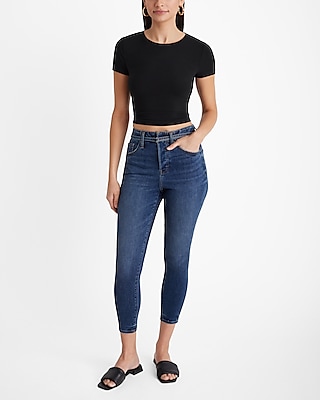 High Waisted Dark Wash Belted Cropped Skinny Jeans