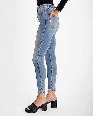 High Waisted Medium Wash Raw Hem FlexX Skinny Jeans