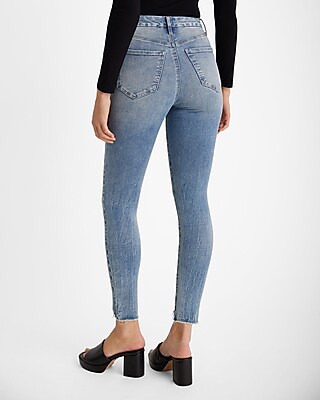 High Waisted Medium Wash Raw Hem FlexX Skinny Jeans