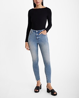 High Waisted Medium Wash Raw Hem FlexX Skinny Jeans