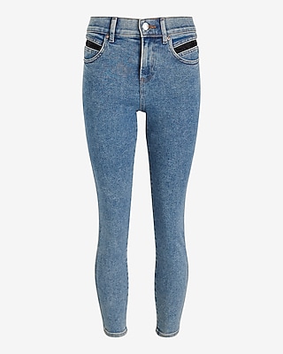 Mid Rise Medium Wash Satin Panel Cropped Skinny Jeans