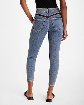 Mid Rise Medium Wash Satin Panel Cropped Skinny Jeans