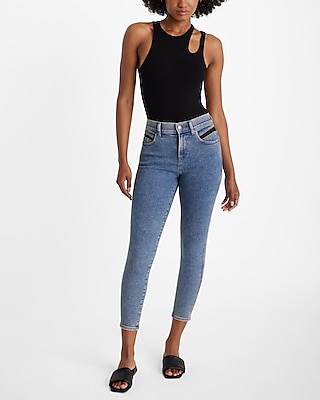 Mid Rise Medium Wash Satin Panel Cropped Skinny Jeans