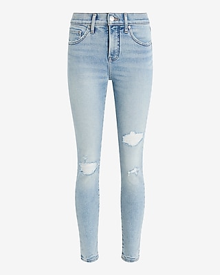 Mid Rise Light Wash Ripped Hyper Sculpt Skinny Jeans