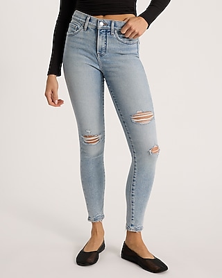 Mid Rise Light Wash Ripped Hyper Sculpt Skinny Jeans