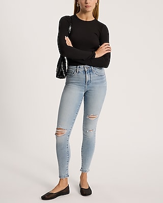 Mid Rise Light Wash Ripped Hyper Sculpt Skinny Jeans