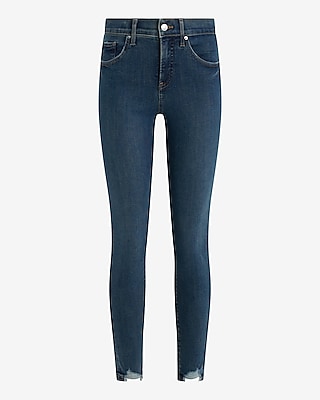 Mid Rise Dark Wash Ripped Hem Skinny Jeans