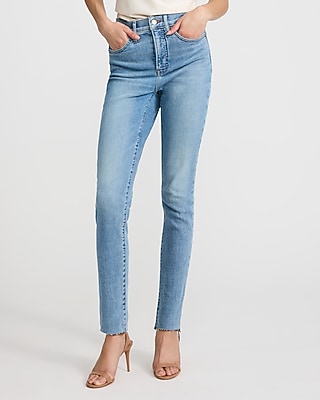 High Waisted Light Wash Raw Hem Skinny Jeans
