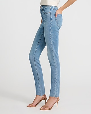High Waisted Light Wash Raw Hem Skinny Jeans