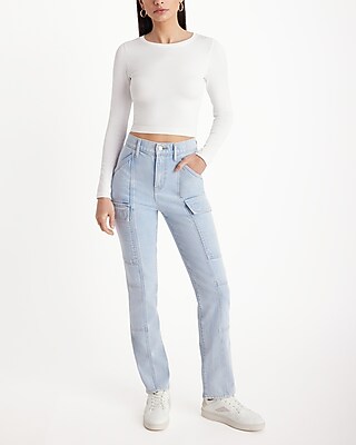 High Waisted Light Wash '90s Slim Cargo Jeans - image 4