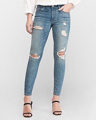 mid rise medium wash ripped ankle leggings