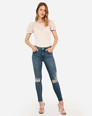 mid rise denim perfect raw hem ankle leggings