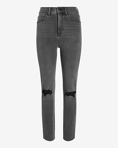 Super High Waisted Extra Supersoft Black Ripped Slim Jeans