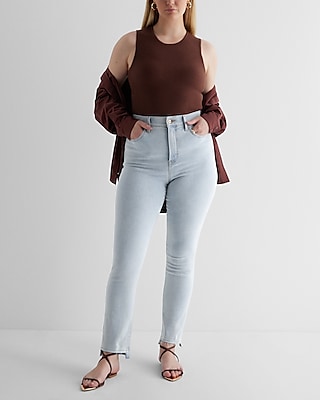 Super High Waisted Light Wash Raw Hem '90s Slim Jeans