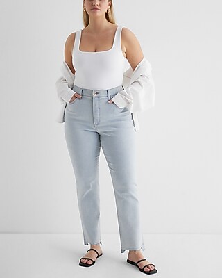 Super High Waisted Light Wash Raw Hem '90s Slim Jeans