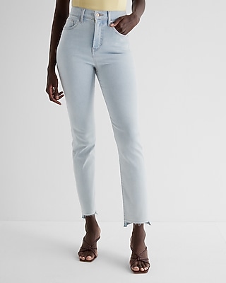 Super High Waisted Light Wash Raw Hem '90s Slim Jeans
