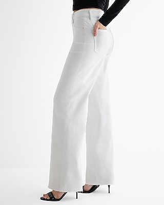 High Waisted White Raw Hem Wide Leg Jeans