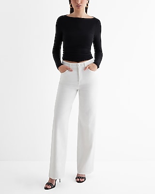 High Waisted White Raw Hem Wide Leg Jeans