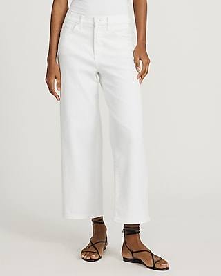 High Waisted White Raw Hem Wide Leg Ankle Jeans