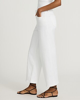 High Waisted White Raw Hem Wide Leg Ankle Jeans