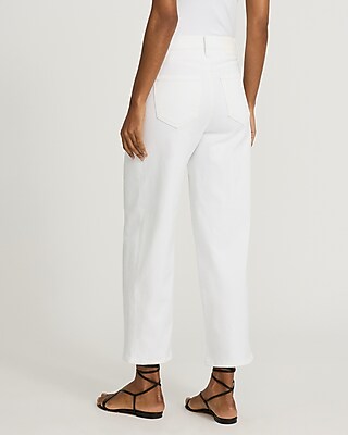 High Waisted White Raw Hem Wide Leg Ankle Jeans