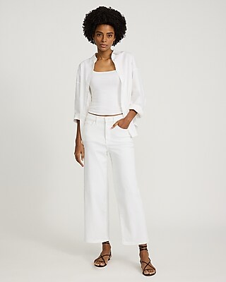 High Waisted White Raw Hem Wide Leg Ankle Jeans