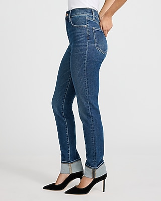 High Waisted Dark Wash Cuffed Hem '90s Slim Jeans
