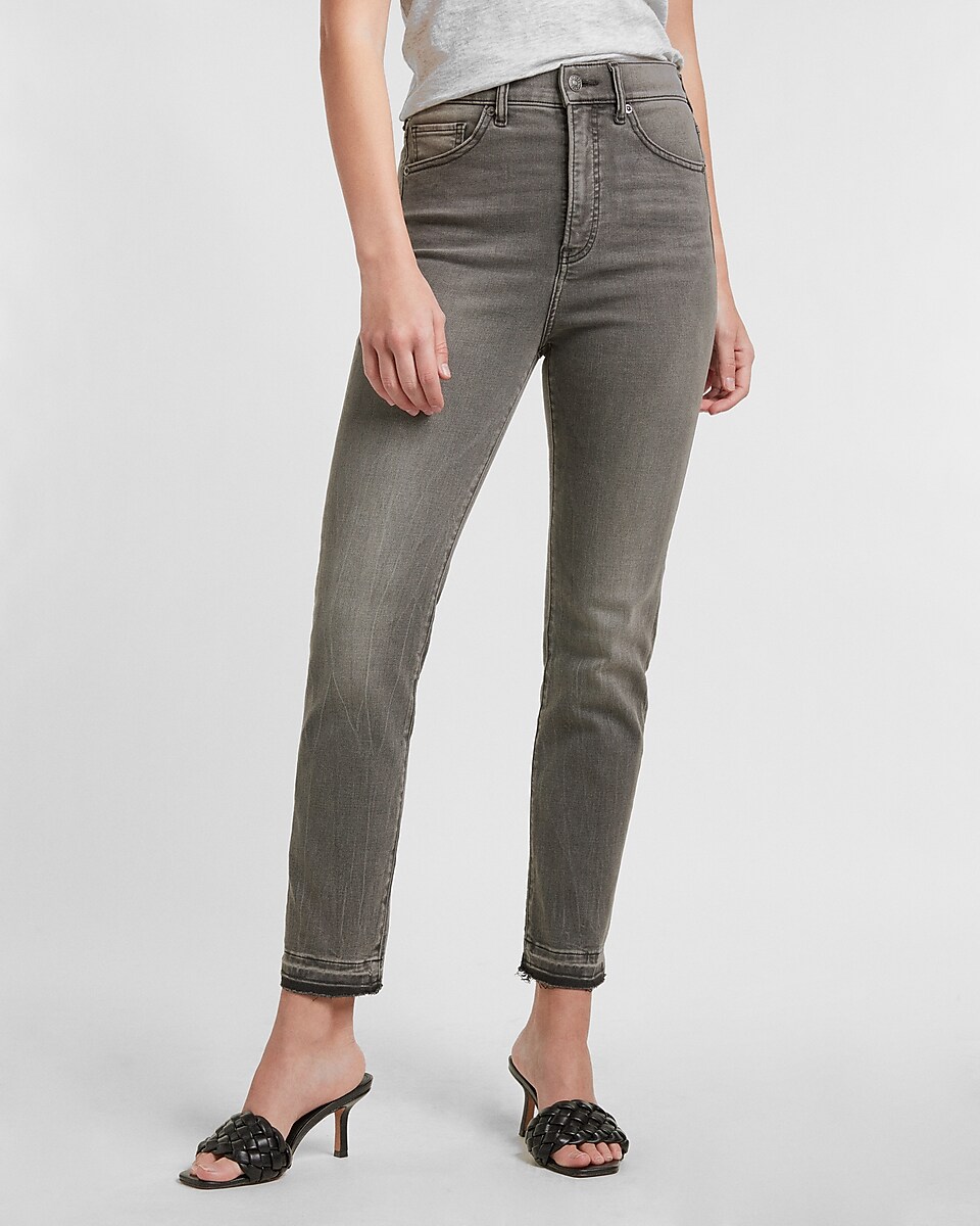 Express Women's Super High Waisted Gray Raw Released Hem Slim Jeans