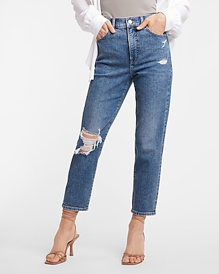 super high waisted medium wash ripped mom jeans