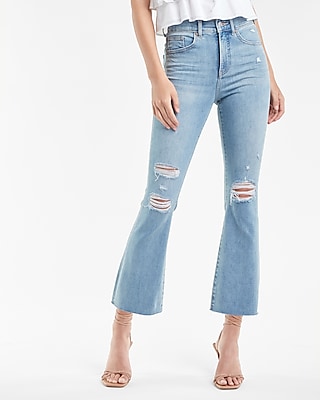high waisted light wash raw hem cropped supersoft flare jeans