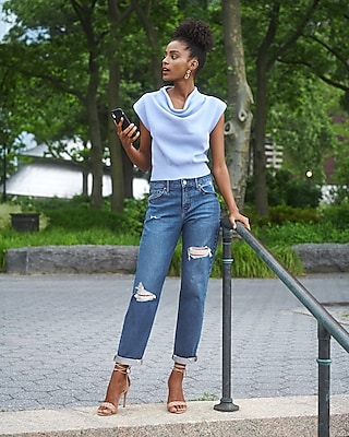Mid Rise Rolled Hem Ripped Boyfriend Jean Express
