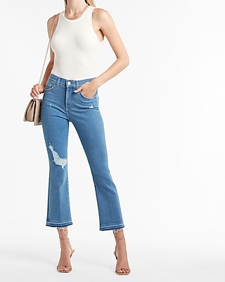high waisted ripped raw released hem cropped flare jeans