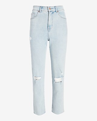 Super High Waisted Ripped Raw Hem Mom Jeans