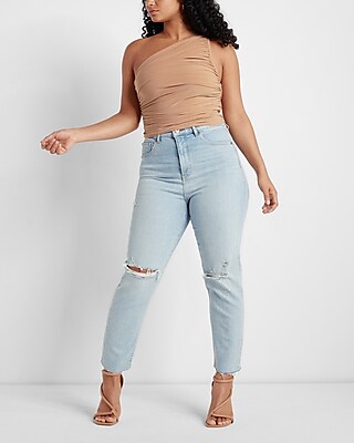 Super High Waisted Ripped Raw Hem Mom Jeans