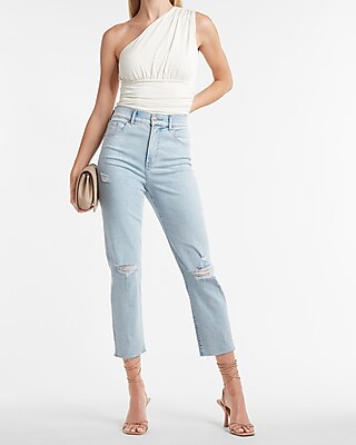 Super High Waisted Ripped Raw Hem Mom Jeans