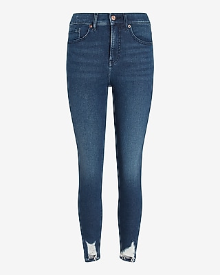High Waisted Supersoft Medium Wash Ripped Hem Cropped Supersoft Skinny Jeans